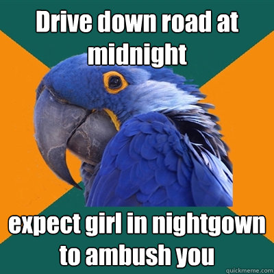 Drive down road at midnight expect girl in nightgown to ambush you   Paranoid Parrot