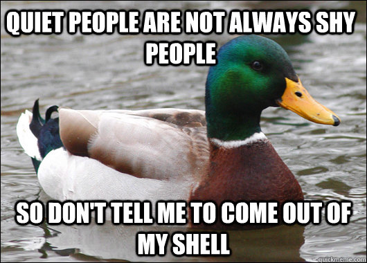 quiet people are not always shy people So don't tell me to come out of my shell  Actual Advice Mallard