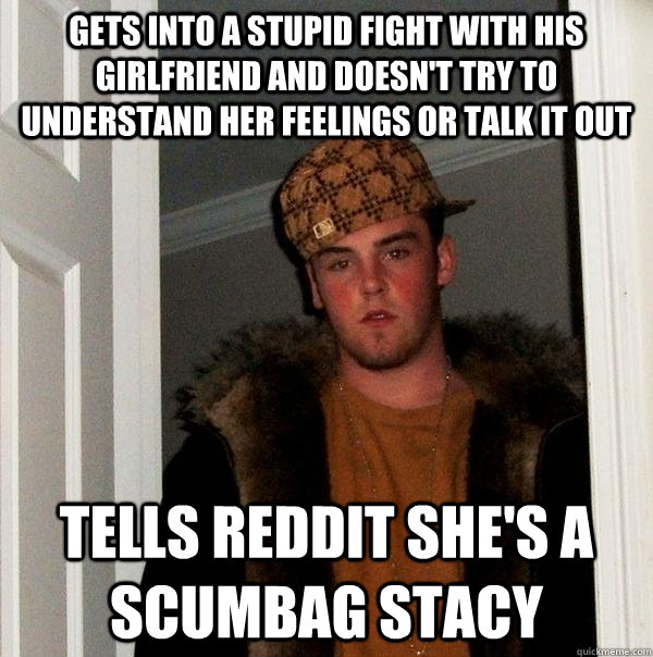 gets into a stupid fight with his girlfriend and doesn't try to understand her feelings or talk it out tells reddit she's a scumbag stacy  Scumbag Steve