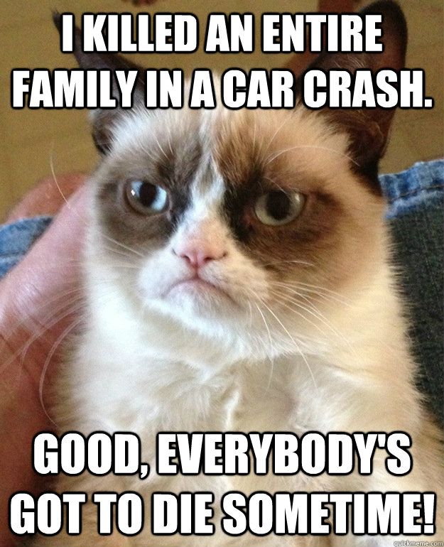 I killed an entire family in a car crash. Good, everybody's got to die sometime! - I killed an entire family in a car crash. Good, everybody's got to die sometime!  Tard