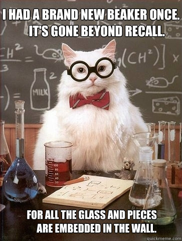 I had a brand new beaker once.
     It's gone beyond recall. For all the glass and pieces
     Are embedded in the wall. - I had a brand new beaker once.
     It's gone beyond recall. For all the glass and pieces
     Are embedded in the wall.  Chemistry Cat