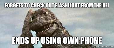 Forgets to check out flashlight from the RFI Ends up using own phone - Forgets to check out flashlight from the RFI Ends up using own phone  Godzilla Facepalm