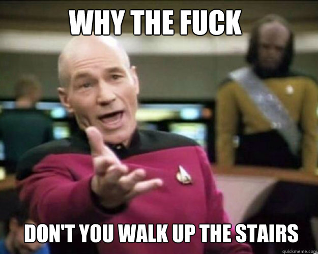 WHY THE FUCK don't you walk up the stairs   Why the fuck