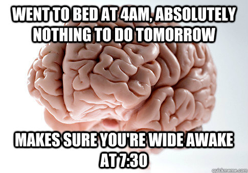 Went to bed at 4am, absolutely nothing to do tomorrow makes sure you're wide awake at 7:30  Scumbag Brain