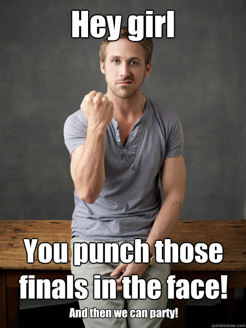 Hey girl You punch those finals in the face! And then we can party!  Ryan Gosling Punch Finals