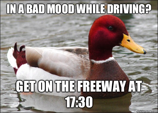 In a bad mood while driving?  Get on the freeway at 17:30 - In a bad mood while driving?  Get on the freeway at 17:30  Malicious Advice Mallard
