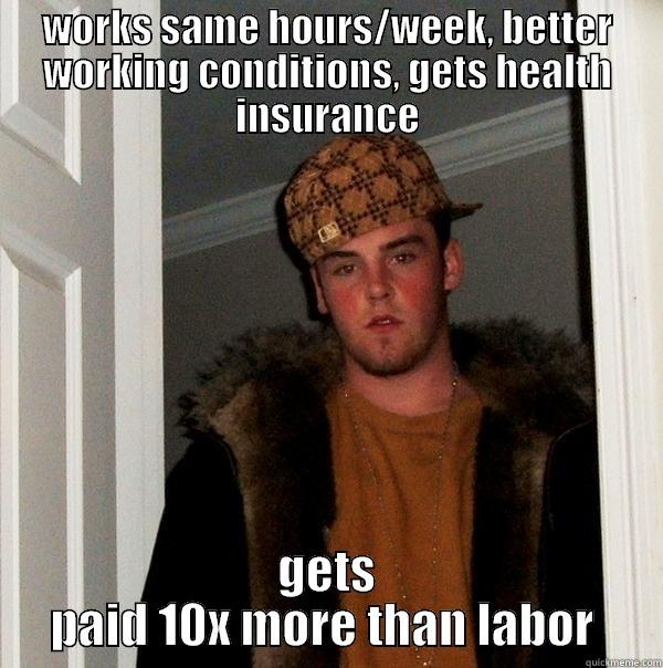 WORKS SAME HOURS/WEEK, BETTER WORKING CONDITIONS, GETS HEALTH INSURANCE GETS PAID 10X MORE THAN LABOR  Scumbag Steve