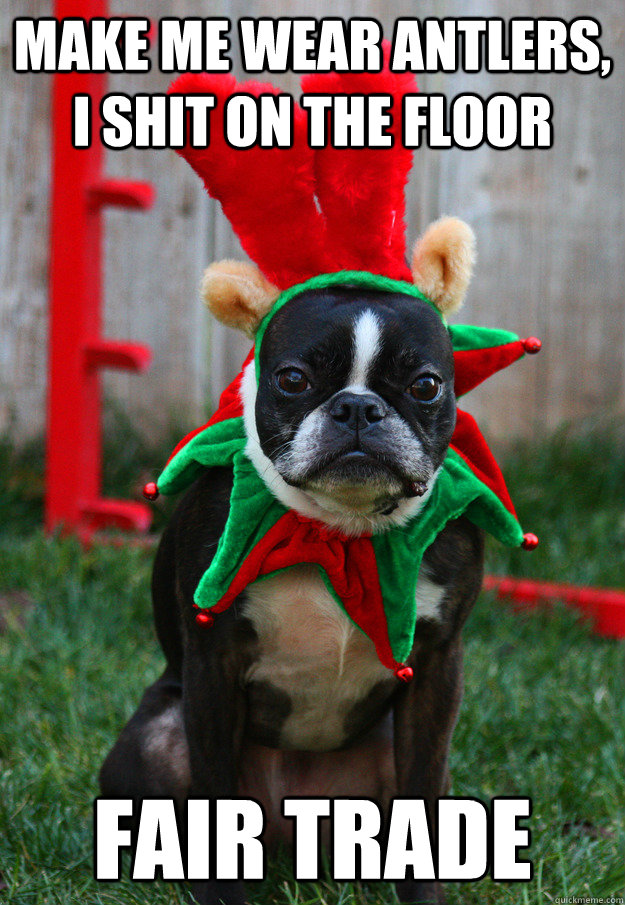 Make me wear antlers, I shit on the floor fair trade - Make me wear antlers, I shit on the floor fair trade  grumpy holiday dog