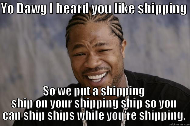 YO DAWG I HEARD YOU LIKE SHIPPING  SO WE PUT A SHIPPING SHIP ON YOUR SHIPPING SHIP SO YOU CAN SHIP SHIPS WHILE YOU'RE SHIPPING. Xzibit meme
