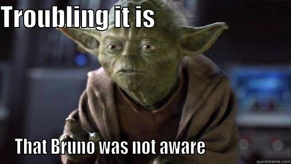 Troubling it is - TROUBLING IT IS                             THAT BRUNO WAS NOT AWARE                      True dat, Yoda.