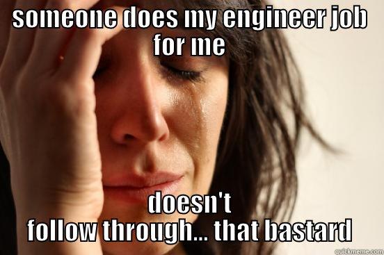SOMEONE DOES MY ENGINEER JOB FOR ME DOESN'T FOLLOW THROUGH... THAT BASTARD First World Problems