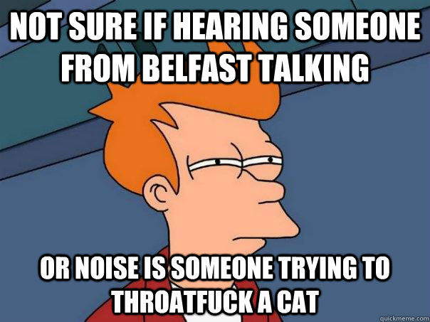 Not sure if hearing someone from belfast talking or noise is someone trying to throatfuck a cat - Not sure if hearing someone from belfast talking or noise is someone trying to throatfuck a cat  Futurama Fry