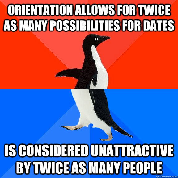 Orientation allows for twice as many possibilities for dates is considered unattractive by twice as many people - Orientation allows for twice as many possibilities for dates is considered unattractive by twice as many people  socially awkward penguin socially awesome penguin