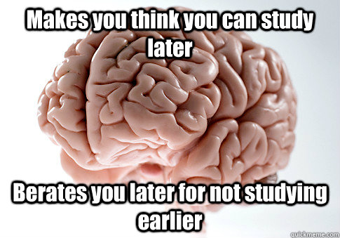 Makes you think you can study later Berates you later for not studying earlier  - Makes you think you can study later Berates you later for not studying earlier   Scumbag Brain