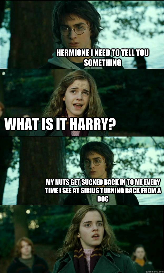 Hermione i need to tell you something what is it harry? My nuts get sucked back in to me every time i see at sirius turning back from a dog - Hermione i need to tell you something what is it harry? My nuts get sucked back in to me every time i see at sirius turning back from a dog  Horny Harry
