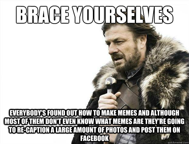 Brace yourselves Everybody's found out how to make memes and although most of them don't even know what memes are they're going to re-caption a large amount of photos and post them on Facebook  Brace Yourselves - Borimir