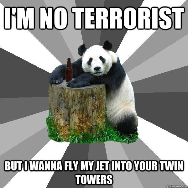 I'M NO TERRORIST BUT I WANNA FLY MY JET INTO YOUR TWIN TOWERS  Pickup-Line Panda