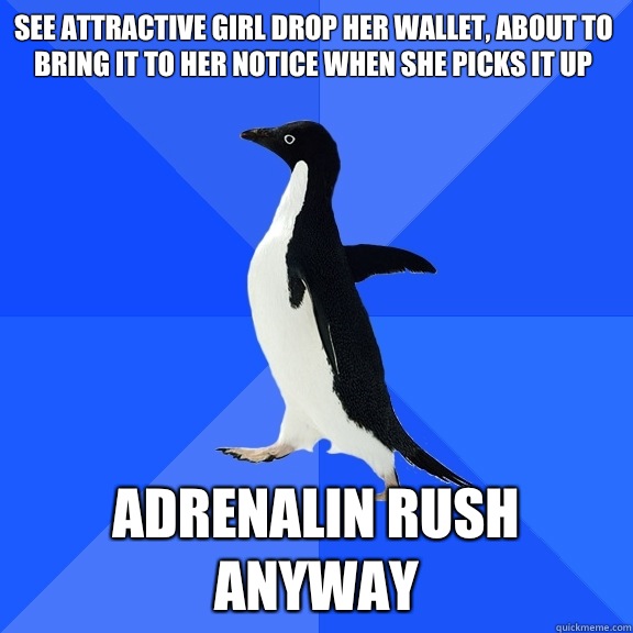 See attractive girl drop her wallet, about to bring it to her notice when she picks it up Adrenalin rush anyway  Socially Awkward Penguin