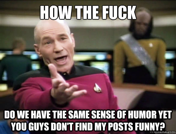 HOW THE FUCK DO WE HAVE THE SAME SENSE OF HUMOR YET YOU GUYS DON'T FIND MY POSTS FUNNY?  Annoyed Picard HD
