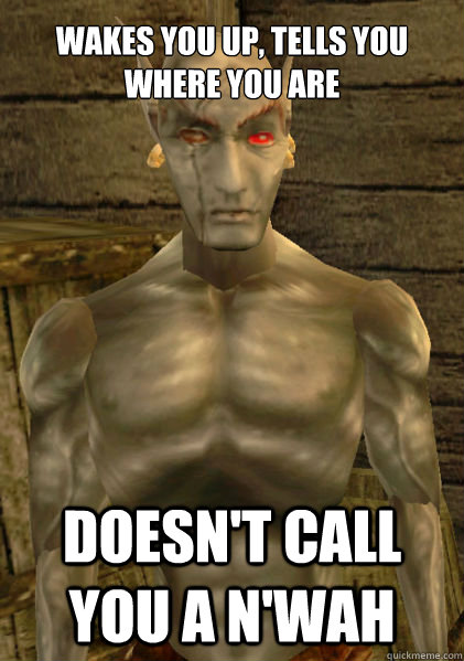 Wakes you up, tells you where you are Doesn't call you a N'wah  Morrowind Savior