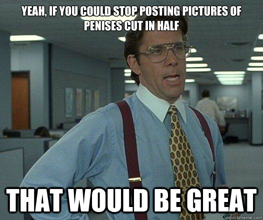 Yeah, if you could stop posting pictures of penises cut in half that would be great  Party Patrol Lumbergh