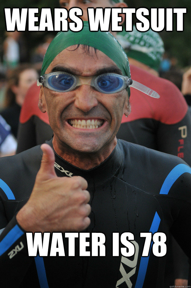 Wears wetsuit Water is 78°  Beginner Triathlete