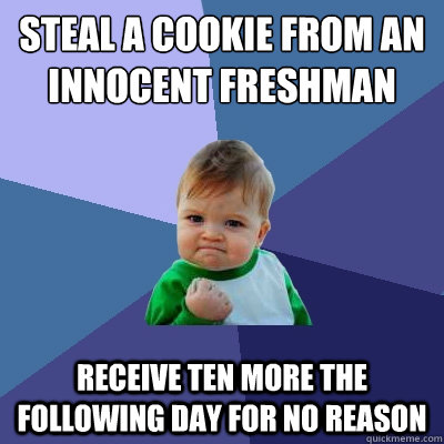 steal a cookie from an innocent freshman girl receive ten more the following day for no reason  Success Kid