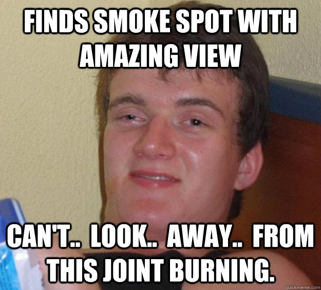 Finds smoke spot with amazing view Can't..  Look..  Away..  From this joint burning.  10 Guy