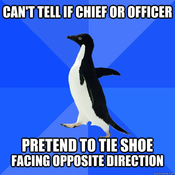 Can't tell if Chief or Officer  Pretend to tie shoe facing opposite direction  Socially Awkward Penguin