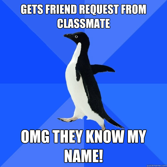 Gets friend request from classmate Omg they know my name!  Socially Awkward Penguin