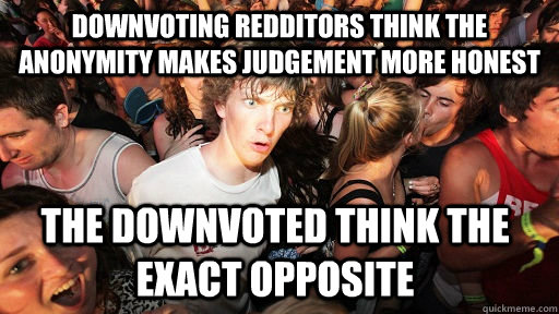Downvoting redditors think the anonymity makes judgement more honest the downvoted think the exact opposite   Sudden Clarity Clarence