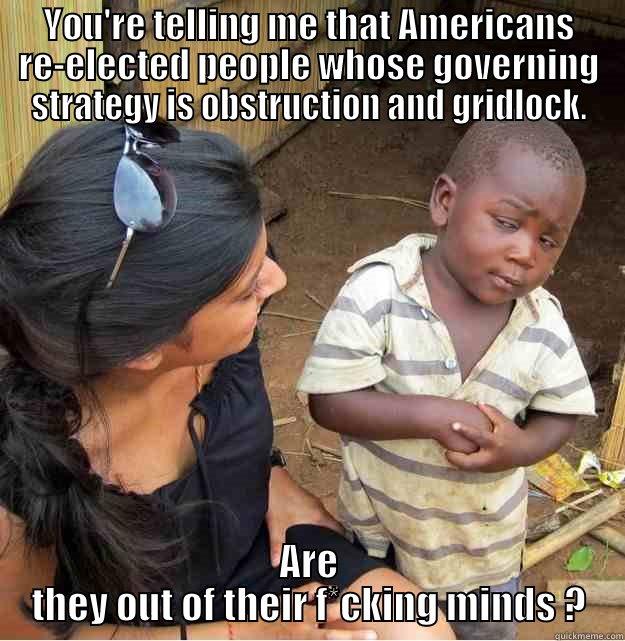 YOU'RE TELLING ME THAT AMERICANS RE-ELECTED PEOPLE WHOSE GOVERNING STRATEGY IS OBSTRUCTION AND GRIDLOCK. ARE THEY OUT OF THEIR F*CKING MINDS ? Skeptical Third World Kid