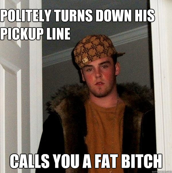 politely turns down his pickup line Calls you a Fat bitch  Scumbag