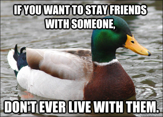 If you want to stay friends with someone, Don't EVER live with them. - If you want to stay friends with someone, Don't EVER live with them.  Actual Advice Mallard