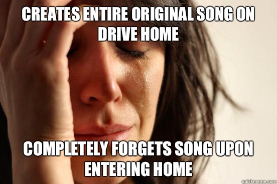 Creates entire original song on drive home Completely forgets song upon entering home  First World Problems