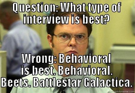 QUESTION: WHAT TYPE OF INTERVIEW IS BEST? WRONG: BEHAVIORAL IS BEST. BEHAVIORAL. BEETS. BATTLESTAR GALACTICA. Schrute