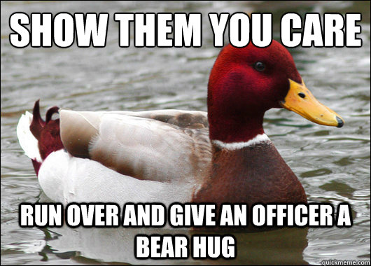 show them you care
 run over and give an officer a bear hug  Malicious Advice Mallard