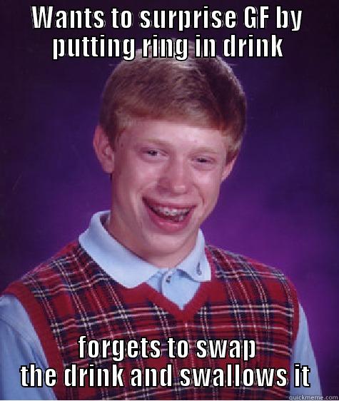WANTS TO SURPRISE GF BY PUTTING RING IN DRINK FORGETS TO SWAP THE DRINK AND SWALLOWS IT  Bad Luck Brian