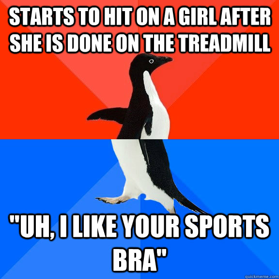 Starts to hit on a girl after she is done on the treadmill 