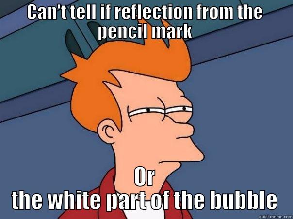 CAN'T TELL IF REFLECTION FROM THE PENCIL MARK OR THE WHITE PART OF THE BUBBLE Futurama Fry