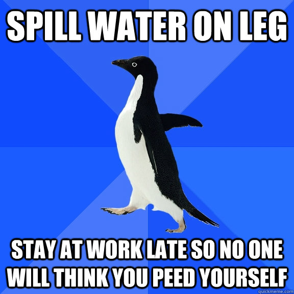 Spill water on leg Stay at work late so no one will think you peed yourself  Socially Awkward Penguin