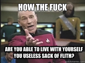 how the fuck are you able to live with yourself you useless sack of flith?  Annoyed Picard