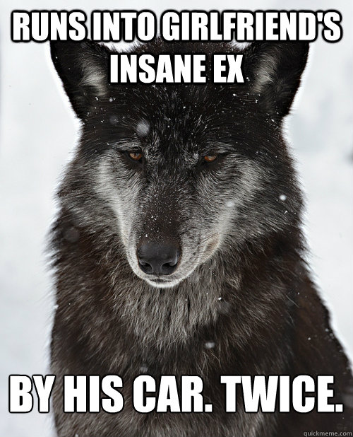 runs into girlfriend's insane ex by his car. twice.  Sad Wolf