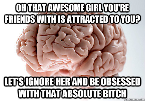 Oh that awesome girl you're friends with is attracted to you? Let's ignore her and be obsessed with that absolute bitch  Scumbag Brain
