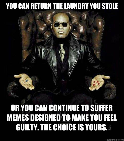 You can return the laundry you stole or you can continue to suffer memes designed to make you feel guilty. the choice is yours.  Morpheus