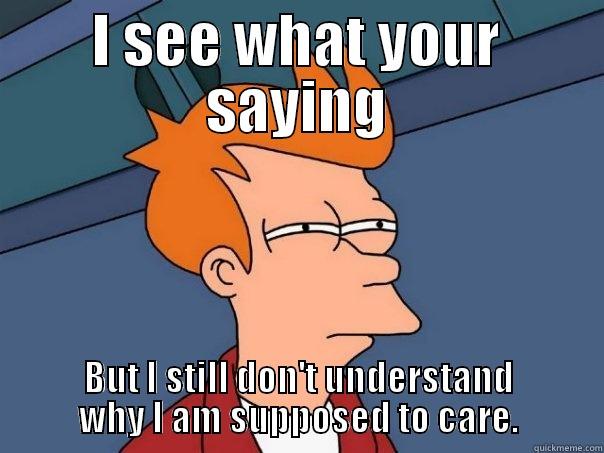 I SEE WHAT YOUR SAYING BUT I STILL DON'T UNDERSTAND WHY I AM SUPPOSED TO CARE. Futurama Fry