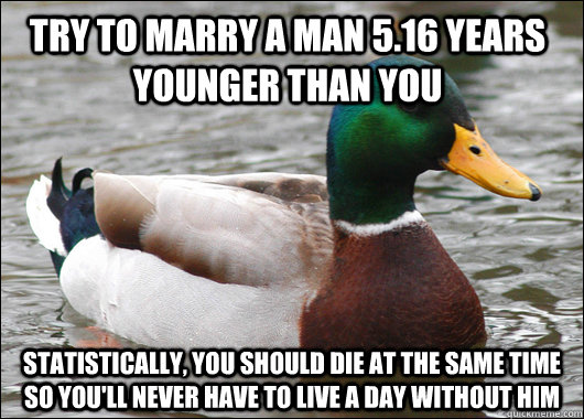 Try to marry a man 5.16 years younger than you Statistically, you should die at the same time so you'll never have to live a day without him  Actual Advice Mallard