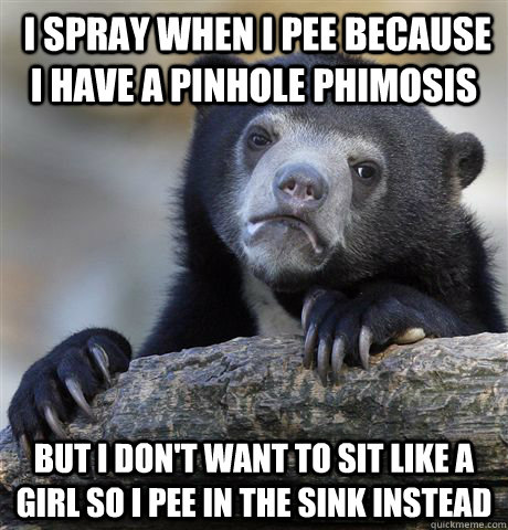  i spray when i pee because I have a pinhole phimosis But i don't want to sit like a girl so i pee in the sink Instead -  i spray when i pee because I have a pinhole phimosis But i don't want to sit like a girl so i pee in the sink Instead  Confession Bear