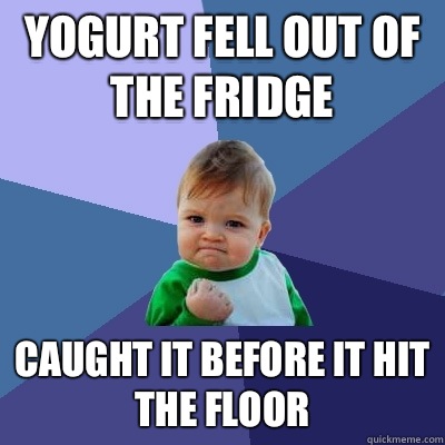 Yogurt fell out of the fridge Caught it before it hit the floor  Success Kid