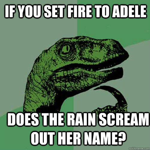 if you set fire to adele does the rain scream out her name?  Philosoraptor